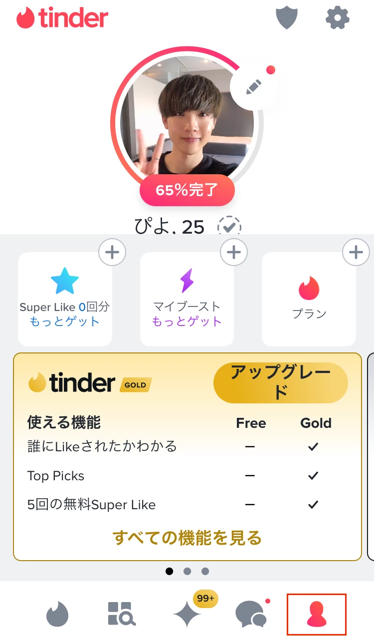 Tinderでのプロフィール確認画面